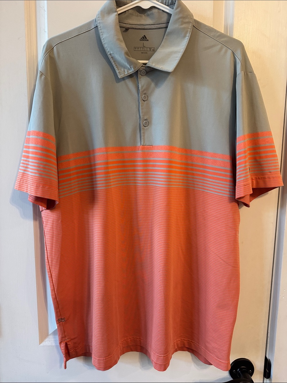 Adidas Ultimate Climacool Gradient Gray & Coral Color Block Striped polo shirt